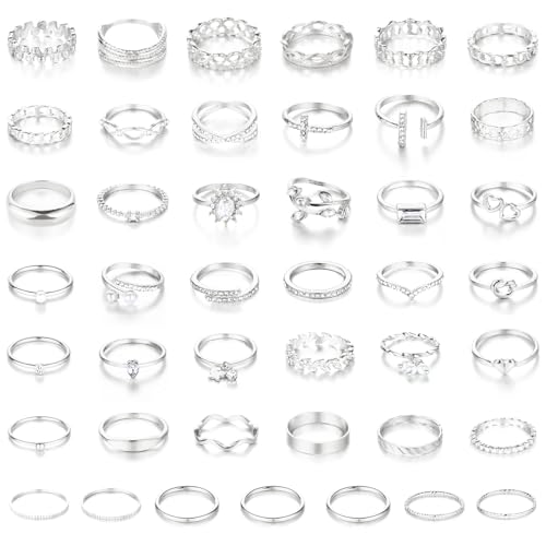 CHICUTIE 43Pcs Silver Knuckle Rings Set For Women Stackable Joint Finger Midi Rings Dainty Cubic Crystal Zirconia Simple Hollow Twist Cute Rings Pack Jewelry Gift
