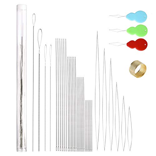 Peirich 38 Pcs Beading Needles with Bottle, Seed Beads Needles Stainless Steel Beading Needle Long Straight Beading Thread Needles Embroidery Big Eye Collapsible Beading Needles for Jewelry Making