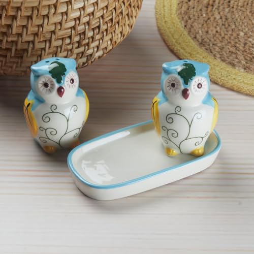 Image of Kookee Ceramic Salt and Pepper Shakers Set with Tray - Elegant Namak Dani, Spice Sprinkler & Dispenser for Dining Table, Kitchen & Restaurant Use (10285)