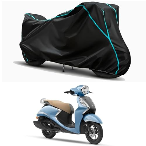 Image of Waterproof Bike Body Cover Compatible for | Yamaha Fascino 125 Hybrid | Taffeta Fabric, Sky Piping Design, Bottom Elastic Fit | Dustproof, Sun UV & Rain Protection for All Weather.