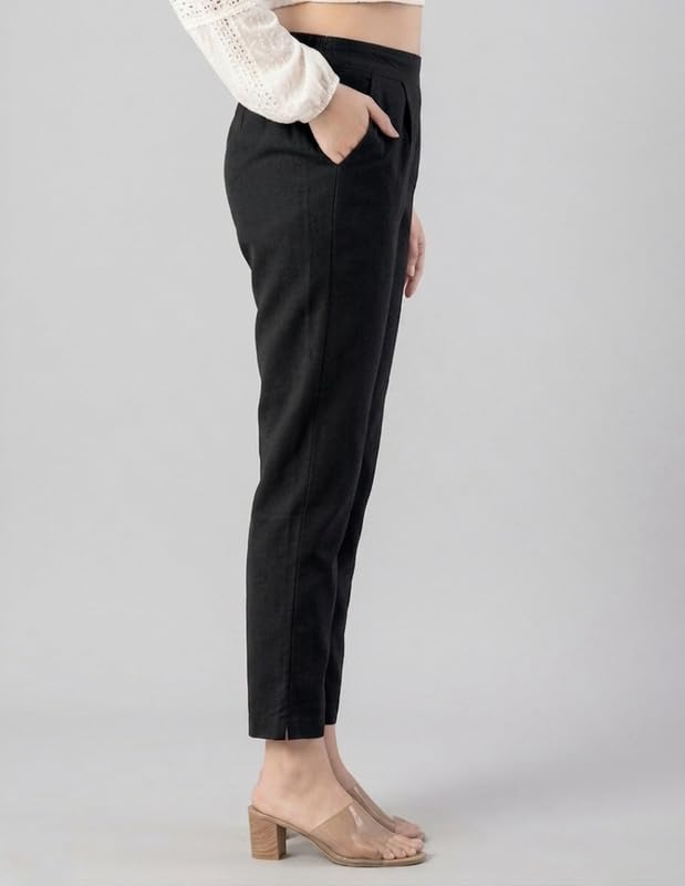 Image of Solid Cotton Woman Trousers Pants Regular Fit Kurti Pant with Drawstring Daily Office Formal Casual Use