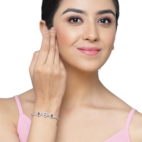 Image of ZENEME Rhodium-Plated Oval Shape American Diamond Studded Handmade Kada Bracelet For Girls and Women