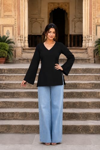 Image of Women's Cotton Short Kurti Black Solid Plain V Neck Full Bell Sleeve Casual Stylish Short Kurta for Women for Jeans Daily Girl Top