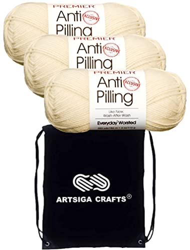 Premier Yarns Everyday Anti-Pilling Solid Cream DN100-2 (3-Skeins - Same Dye Lot) 4 Worsted Weight Acrylic Yarn for Crocheting and Knitting with Project Bag
