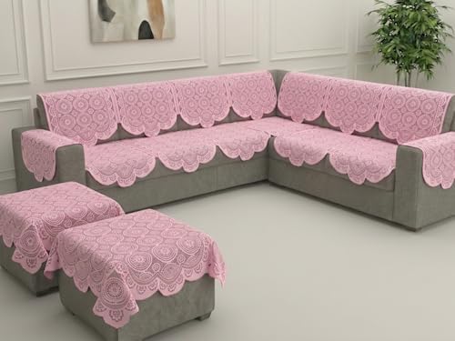 Image of Fab Nation Sofa Cover L Shape 5 Seater with Corner L Type Fully Covered Sofa Set for Living Room | Cotton Sofa Slipcovers for 3 + 2 Seaters Cover with 2 Arms + 2 Setty Covers | Pink Circle