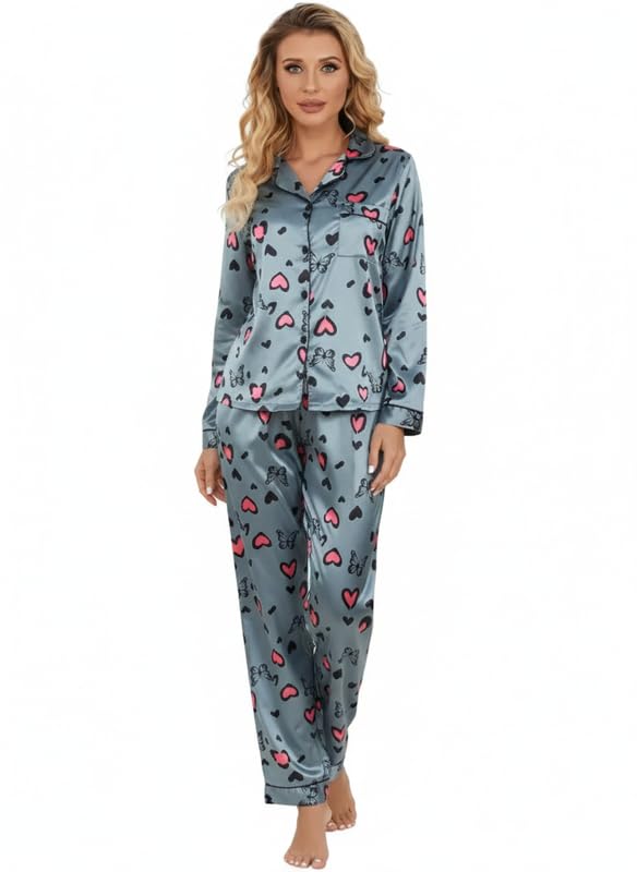 Image of Night Suit for Women with Full Sleeve Button-Down Top with Pant Dress for Woman, Cotton Night Dress for Woman, Two-Piece Loungewear Set