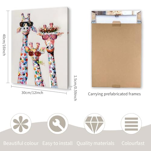Qiukoo Wall Art - Bunte Giraffe Leinwanddruck mit Sonnenbrille, lustige Tier-Wanddekoration für Schlafzimmer, Wohnzimmer, Flur oder Treppe, mit vormontiertem Rahmen und Haken, 30 x 39,9 cm