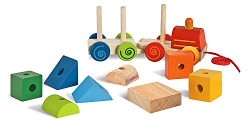 Eichhorn 100003453 Lok mit Sound, Anhänger mit Bausteinen, 17cm lang, Birke und Kiefernholz, WB, Try me,1J+, bunt