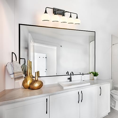 Image of Black Bathroom Light Fixtures 5-Lights Vanity Lights with Milky White Frosted Glass Shade Bathroom Vanity Light 39.2 inch Wall Sconce Lighting Bath(Exclude E26 Bulb)