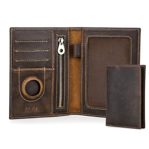 Contacts Full Grain Leather Airtag Passport Holder RFID Blocking Travel Passport Wallet Slim Passport Cover Case with 4 Cards Slots, Coin Pocket (Brown)