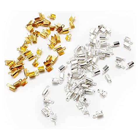 AMONENZ 100 Pcs Fold Over Crimp Cord Ends Crimp, Metal Rectangle Fold Over Crimp, Gold and Silver Cord Ends Terminators Suitable for Making DIY Handmade Jewelry Etc Cover