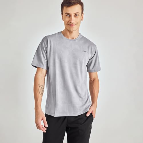 Image of Pepe Jeans Men's Solid Polyester Regular Fit Athleisure T-Shirt | Durable Lightweight Performance Tee for Gym & Casual Use | Breathable Quick-Dry Fabric | Round Neck | Short Sleeves | Sporty Comfort