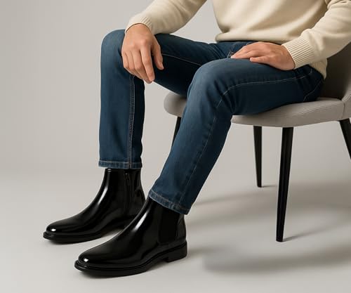 Image of Kraasa THE Ashford - Men's Stylish Vegan Leather Chelsea Boots with Side Zipper & Elastic Panel, Square Toe Ankle Boot (Tan /Black /Brown)