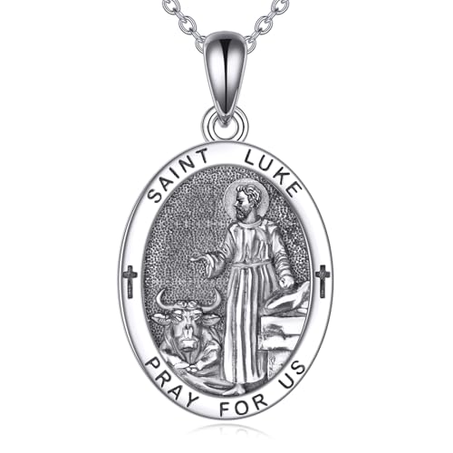 ZADIUA Saint Luke Medal Necklace 925 Sterling Silver St Luke Pendant Necklace St. Luke Medal Protection Jewelry Religious Gifts for Women Men