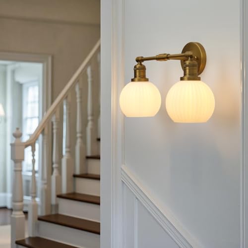 Image of Vintage 2-Lights Wall Sconce with Milk White Glass Globe Shade, Hardwired Indoor Double Arm Wall Light Fixture for Bathroom Vanity Living Room Bedroom
