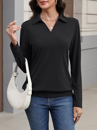 Womens Polo Shirts Long Sleeve Banded Bottom Tops Business Casual Tops Collared V Neck Blouses4