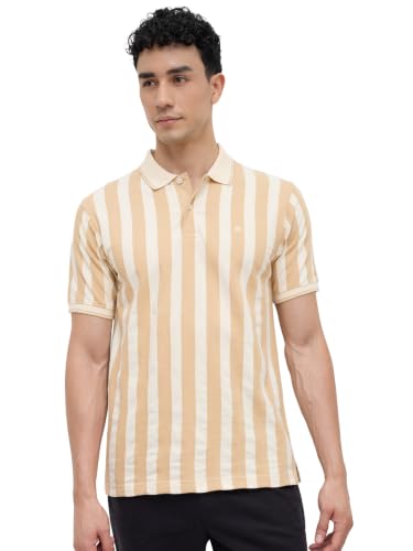 Image of Raymond Men Modern Fit Stripe Pattern Pure Cotton Polo Neck Half Sleeve Casual T-Shirt