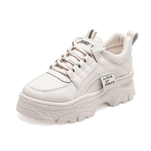 NCNDB Women's Clunky Sport Sneaker Trainers Lace Up Fashion Increased Dorky Bottom Shoes Beige 8 US