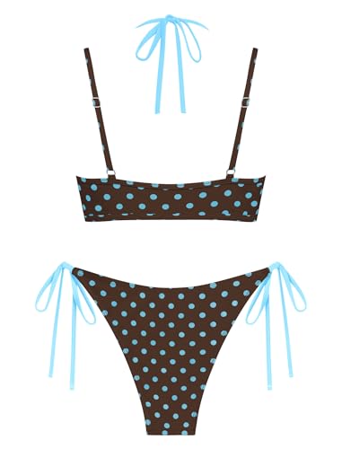 Image of ZAFUL Women's Polka Dot Bikini Set Double Layer Halter Swimsuit Colorblock Side Tie 2 Piece Bathing Suit