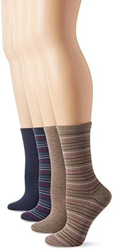PEDS Women's Light Brown and Denim Heather Solids and Stripes Crew Socks 4 Pairs, Assorted, Shoe Size/5-10