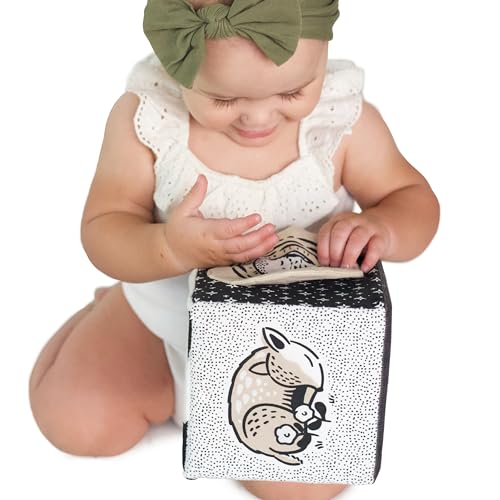 Image of Wee Gallery Soft Block, Baby Sensory Toy with High-Contrast Graphics, Organic Soft Fabric Soft Blocks, Crinkle Flap and Textures, Tummy Time Activity for Babies and Toddlers - Baby Animals