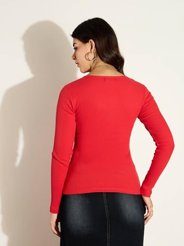 Image of SASSAFRAS Women's Slim Fit Full Sleeves Rib Square Neck Ribbed Basics - Casual Ribbed T-Shirt Tops