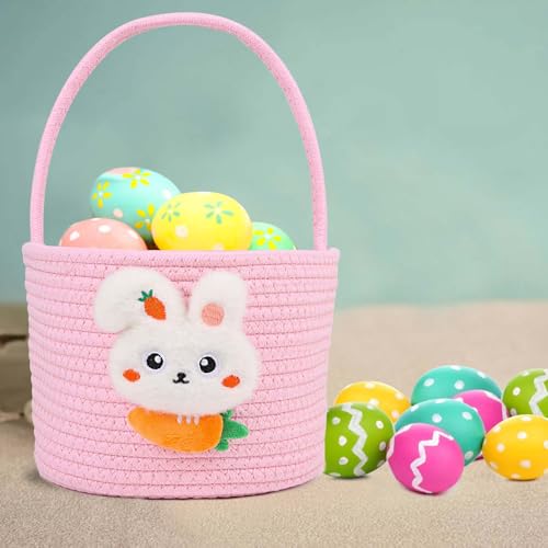 Image of DIYASY Easter Basket for Kids, Woven Bunny Eggs Basket with Handle Gifts Tote Bag Candies Buckets for Boys Girls Toddler Baby Party Decorations Pink