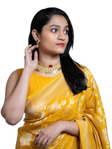 Image of Flosive Women's Present Banarasi Soft Lichi Silk Saree Beautiful Jacquard Rich Pallu Design Work Zari Woven Kanjivaram Silk Style Saree With Soft Lichi Silk Blouse Piece (Yellow).