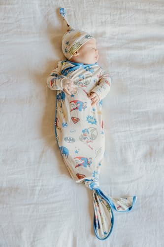 Copper Pearl Baby Gown - Knotted Newborn Sleepers for Baby Boy and Girl, Soft Stretchy Long Sleeve Infant Gowns with Bottom Tie and Hand Mittens, Perfect Hospital Coming Home Outfit (Justice League)2