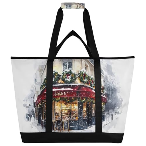 Large Insulated Tote Bag Streetscape Snow Red for Grocery Shopping Reusable Tote Bags for Women Men, Cooler Bag with Zippered Top & Handles for Beach Picnic Travel