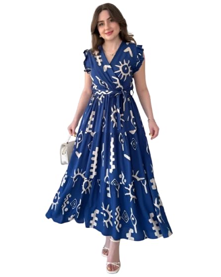 Royal Blue Printed Wrap Maxi Dress with Ruffle Sleeves | Soft Cotton Blend Long Flared Casual Party Dress for Women & Girls | V-Neck Belted Ankle Length Summer Dress | Sizes M-picture-36