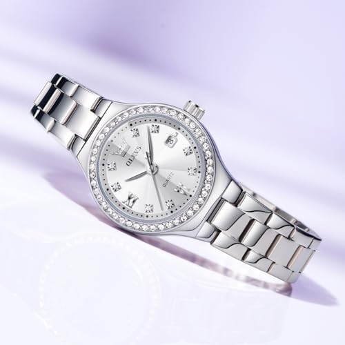 Image of OLEVS Watch Women Silver Watch for Women Luxury Diamond Womens Watches for Small Wrist Stainless Steel Waterproof Analog Quartz Date Elegant Reloj para Mujer