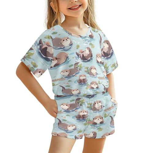 Howilath Lindo conjunto de pijama de 2 piezas con bolsillos para niños, Nutria azul claro, 15-16 años