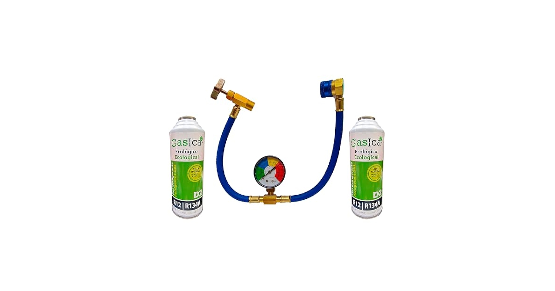 Gasica D2 Economy Pack (2 Bottles Of 226g) Bio-Gas Gasica D2 Replacement For R12, R134A Plus Hose With Key And Quick Connector For Car Charging