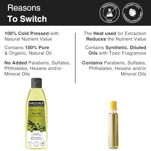 Image of Soulflower Extra Virgin Olive Oil For Hair & Skin | Cold-Pressed for Hair Growth, Anti Hair Fall, Damaged Hair Repair, Fine Lines & Wrinkles | Makeup Primer, Lip & Heel Moisturizer | 100% Pure & Natural for Men & Women - 120ml