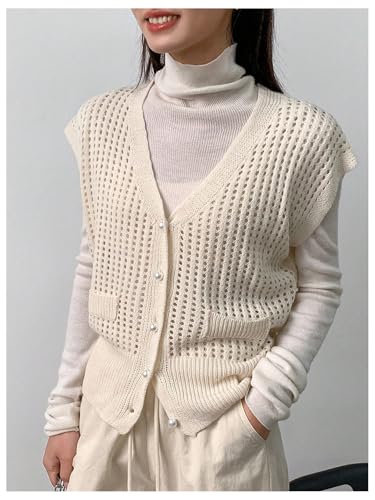 Image of Milumia Women's Cap Sleeve V Neck Button Down Sweaters Hollow Out Knit Cardigans Apricot Small