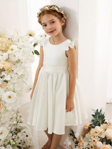 Girl's Short Sleeve Glossy Satin O-Neck Flower Girls Dresses V-Back Toddlers Tutu Dance Pageant Party Mini Dress3