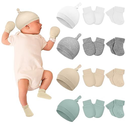 Ramede 4 Pack Preemie Hats Mitten and Socks Set Cotton Preemie Cap No Scratch Mittens Warm Terry Socks for Girls Boys(Multicolor)