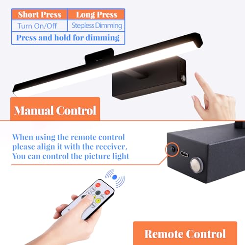 Image of Battery Operated Picture Lights for Wall 15.7inch Rechargeable Wireless Wall Light with Timer and Remote Dimmable Black Metal Art Light for Display Paintings Gallery Artwork Portrait