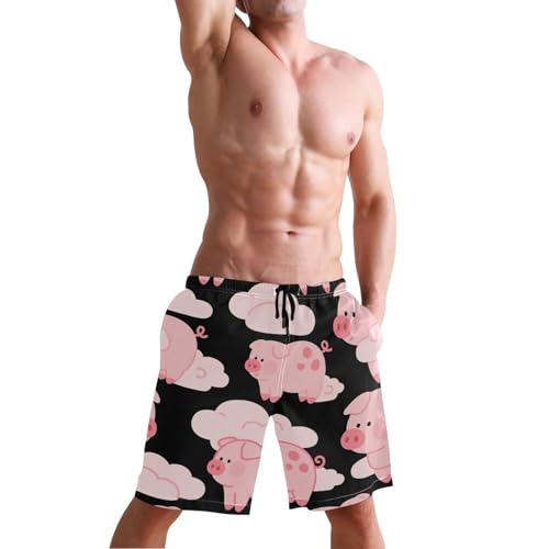 Men's Swim Trunks Quick Dry Swimming Shorts with Pocket Pink Pigs Flying Among Clouds Swimsuit Trunks4