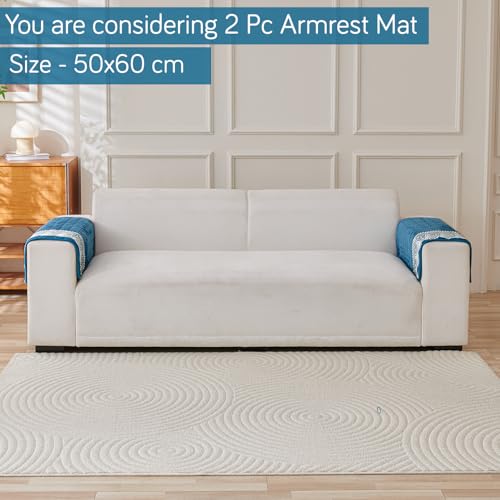 Image of HOKIPO 'BelleLace Series' Imperial Milk Velvet Anti-Slip Sofa Armrest Covers with Lace | 1 Pair - Celdaon Blue (AR-5961-BL*2)