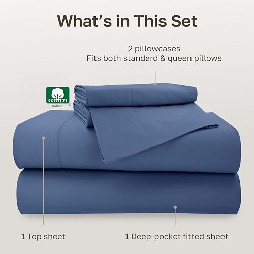 Image of California Design Den 500TC 100% Cotton Queen Sheets Set, Denim Blue | Good Housekeeping Seal, OEKO-TEX Certified, Silky-Soft Sateen Weave, 4pc Set, 16 inch Deep Pockets, For Hot Sleepers, All-Season