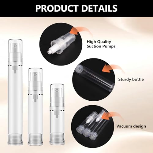 12 Pcs Vacuum Airless Pump Bottles Travel, 0.5oz/15ml 0.35oz/10ml 0.17oz/5ml Clear Plastic Lotion Airless Pump Bottles3