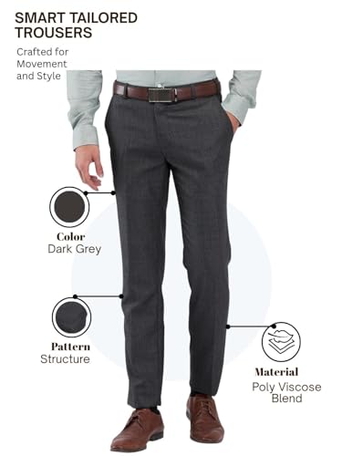 Image of Raymond Men's Slim Fit Mid Rise Structure Pattern Poly Viscose Blend Flat Front Formal Trouser