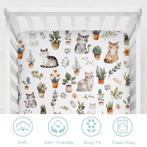 Image of Watercolor Cats Boho Leaves Flowers Baby Crib Sheets 52''x28'' Cute Cats Tropical Plants Stretchy Fitted Crib Mattress Cover for Boy Girl Soft Nursery Bed Sheets for Standard Crib and Toddler Mattress