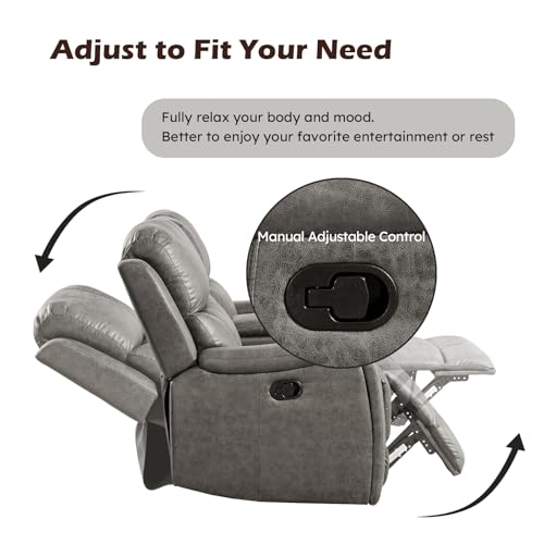 Image of CANMOV Faux Leather Manual Reclining Sofa Set, Manual Recliner Sofa and Recliner Loveseat with Center Console, Hidden Storage and Cup Holders for Living Room,Bedroom Furniture,Grey