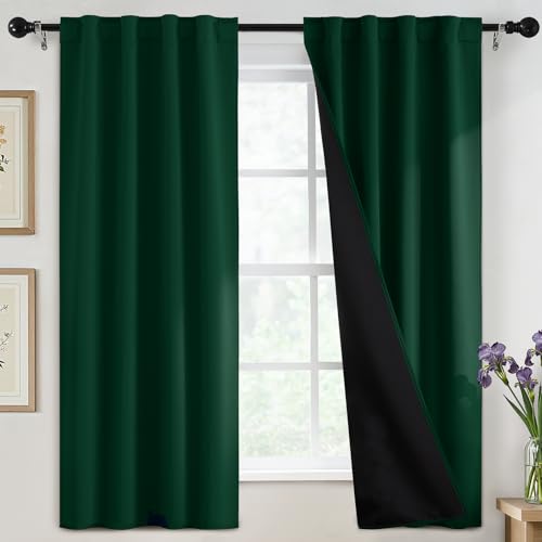 SimpleHome 100% Blackout 63 Inch Dark Green Curtains for Living Room