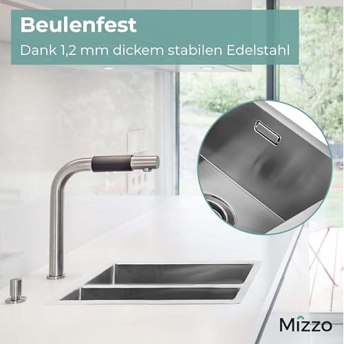 MIZZO Edelstahlspüle 18+34x40cm | Küchenwaschbecken 1.5 Becken | Spülbecken ab 60er Schrank | Einbauspüle Unterbauspüle | Außenmaß 590x444mm | Spüle mit runde Innenecken | Küchenspüle Edelstahl