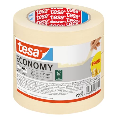 tesa Cinta de Pintar ecoLogo ECONOMY - Cinta de Pintor, Removible Sin Residuos hasta 4 Días Después, Sin Disolventes - Estrecha, 2x 50 m x 30 mm + 2x 50m x 19mm
