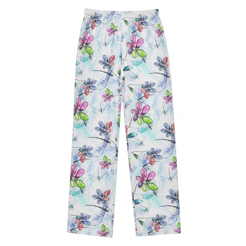 Dragonfly Floral Watercolor Boys Long Pants Soft Trousers Elastic Waist Kids Lounge Bottoms with Pockets S-XL